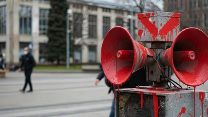 Red painted public announcement system in cityscape