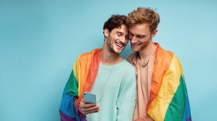 Fototapeta premium Couple of smiling gay men laughing together under pride flag, one holding phone streaming music, pastel blue backdrop, studio lighting, intimacy, love and equality scene