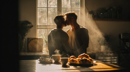 Handsome gay men embracing and kissing gently in modern kitchen, soft sunlight from window, breakfast setting with croissants, coffee steam, warm and romantic morning vibe