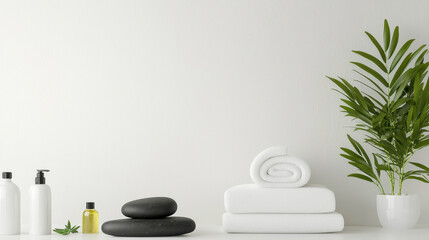 Obraz premium Serene spa room featuring white towels, hot stones, essential oils, and green plant, creating calming atmosphere