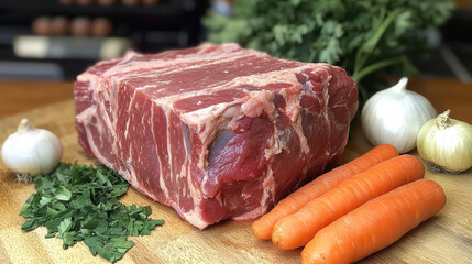 Raw pork shoulder on a butcher block, surrounded by onions, carrots 