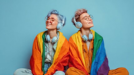 LGBTQ couple listening to music together, joyful expressions, both wrapped in pride flag, relaxed body language, pastel blue background, positive LGBTQ lifestyle image