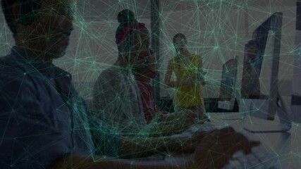 Network overlay fading, call center team handling calls via headsets, supervisor checking tablet - Powered by Adobe