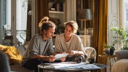 LGBTQ couple working on household budget, sitting at coffee table in elegant apartment, digital tablet, charts, casual clothes, morning sunlight through window