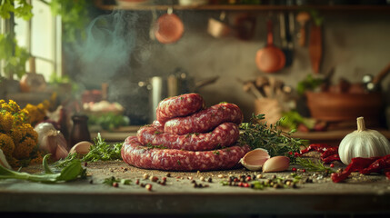 Raw pork sausages twisted into links on a farm kitchen counter, surrounded by coarse-ground pepper, herbs, and garlic bulbs 