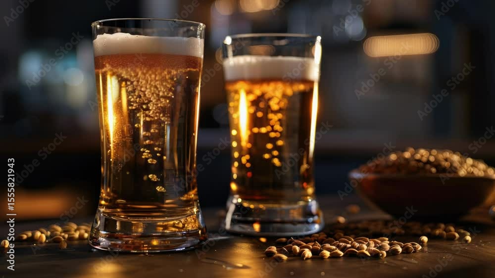 Poster two empty glasses of beer placed on a table