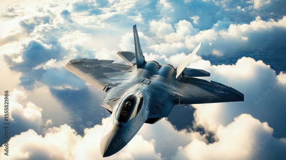 Poster A fighter jet soaring through a cloudy sky with contrails visible