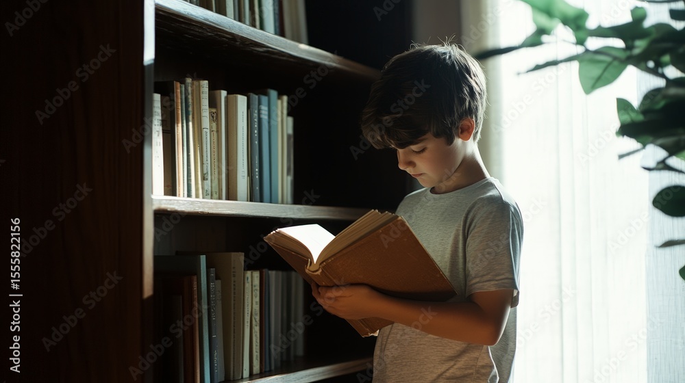 Poster elementary school student standing next to a bookshelf, holding and reading a large book, illuminate