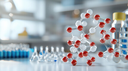 Molecular structure model representing nanomaterials in laboratory setting, showcasing innovation and scientific research