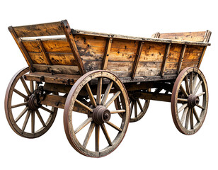 Obraz premium Old wooden cart with large wooden wheels and worn-out texture, presented in side view.