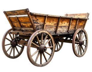 Old wooden cart with large wooden wheels and worn-out texture, presented in side view.