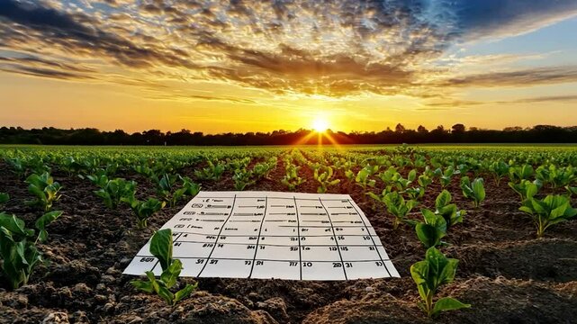 Agricultural field with data sheet at sunset