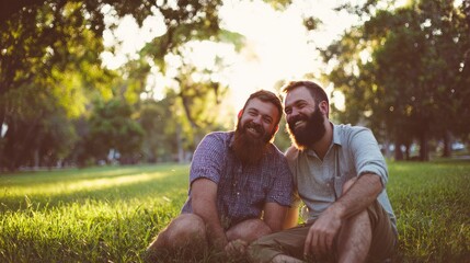 Fototapeta premium Two men with beards, sitting close on green grass, laughing under sunlight in peaceful park, LGBTQ lifestyle, happiness and authentic connection captured
