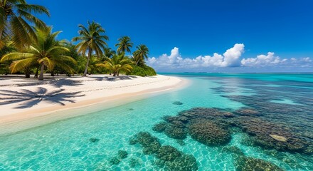 Fototapeta premium Serene Tropical Beach Paradise White Sand, Turquoise Waters, and Lush Palm Trees
