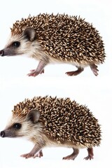 Obraz premium Two hedgehogs walking on white background