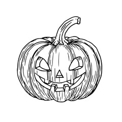 Pumpkin with carved face, Halloween decoration, black and white ink sketch. Vector illustration. Funny autumn decor for a mystical holiday, isolated on a white background. Drawing in a simple style