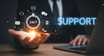 Hand holding digital support icons and word technology