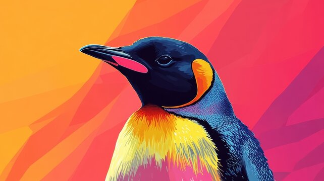 Stylized penguin illustration emphasizing unique shapes and bold colors, adding a modern artistic flair.