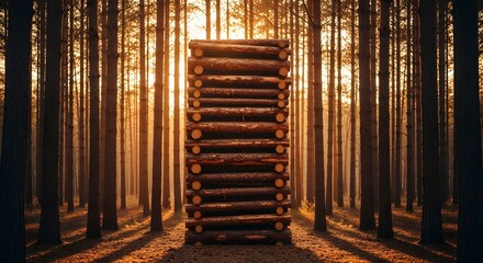Majestic Sunset in a Pine Forest with Stacked Logs
