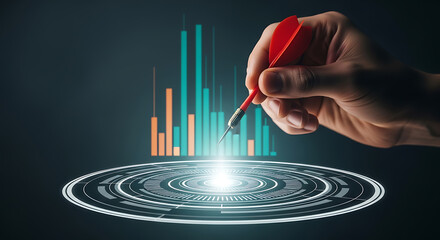 Red dart aiming at glowing target with financial charts