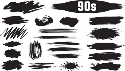 A collection of black ink brush strokes and splatters with the text 90s prominently displayed in a white oval shape