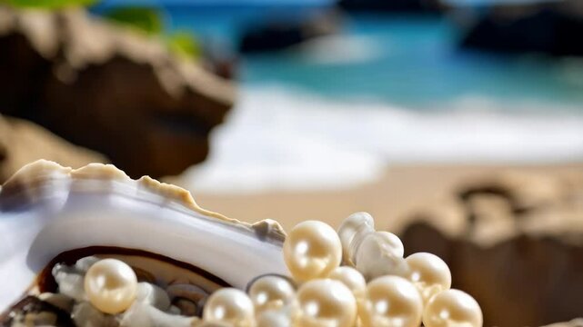 Lustrous pearls nestled inside an oyster shell sit on a sun-drenched beach overlooking turquoise ocean water under a bright sky, evoking luxury and nature