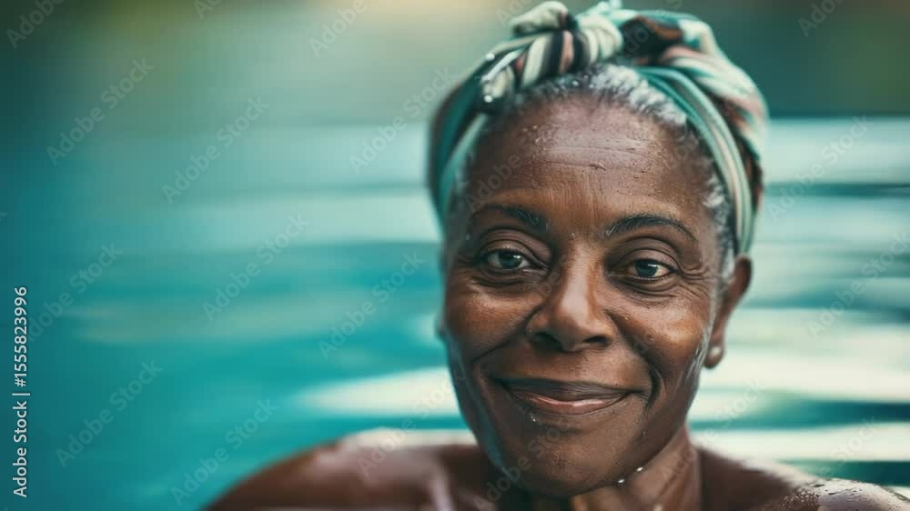 Poster a happy woman smiling and posing for the camera by a swimming pool, ideal for personal use or promot