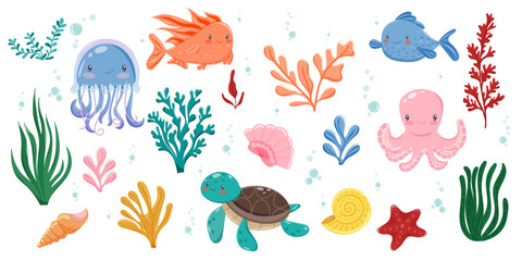 Vector set with jellyfish, octopus, turtle, fish, shells, starfish and sea plants. Perfect for kids design, games, prints and ocean themed content