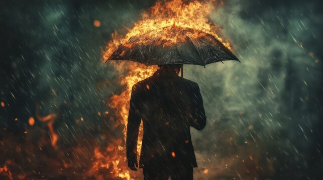 Navigating chaos: A person with an umbrella in a fiery, stormy situation
