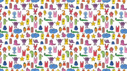 A colorful seamless pattern of cartoon monsters and shapes on a white background in a repeating design