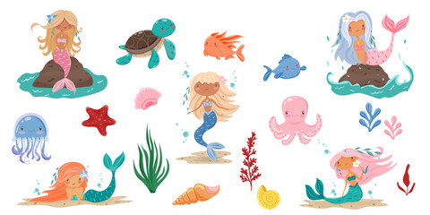 Vector set with mermaids, jellyfish, octopus, turtle, fish, shells, and seaweed. Ideal for childrens projects, prints and ocean themed content