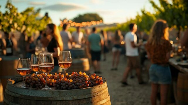 Vibrant vineyard gathering with wine glasses and a warm sunset atmosphere. Albari&ntilde;o Day
