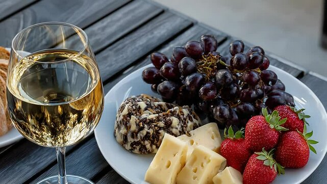 Elegant wine and cheese platter with fresh grapes and strawberries on a rustic table