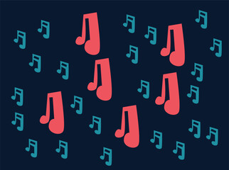 A seamless pattern featuring various musical elements such as notes, instruments (guitar, piano, saxophone, drum), headphones, speakers, vinyl records, and sound waves. This vibrant and rhythmic 555