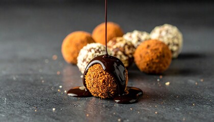 Variety of cocoa truffles with melted chocolate topping for dessert concept