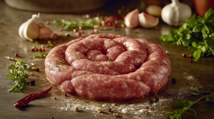 Raw pork sausages twisted into links on a farm kitchen counter, surrounded by coarse-ground pepper, herbs, and garlic bulbs 