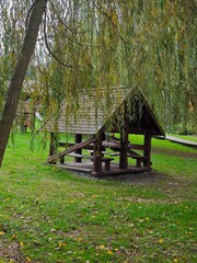 Wooden Shelter Under Willow Tree in Green Park