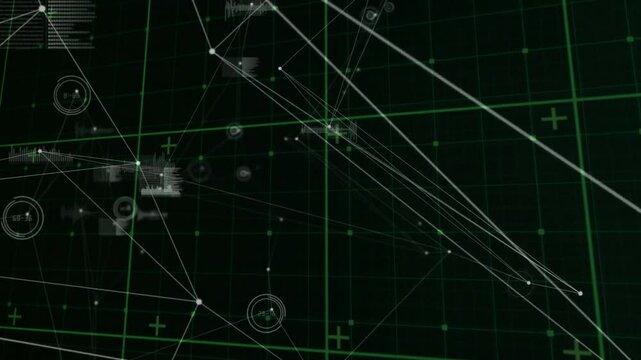 Segmented HUD assembling and rotating after green grid loading sending lines connecting data nodes