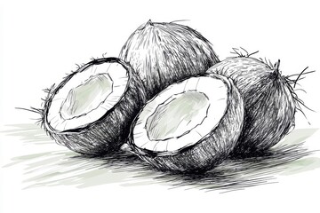 Continuous line art drawing of coconut fruit, isolated on a white background.