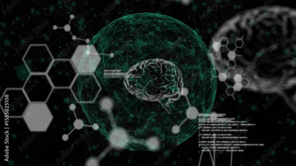 Poster soft glowing dots starting animation green 3d sphere pulsing code revealing brain graph for insight