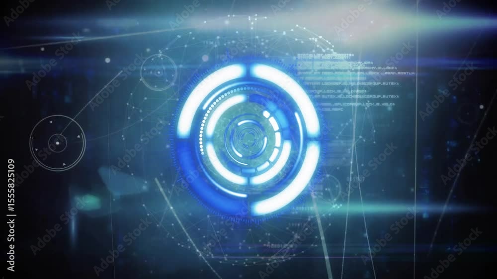Poster initially pulsing rings rotating, revealing data lines flickering code forming looping interface