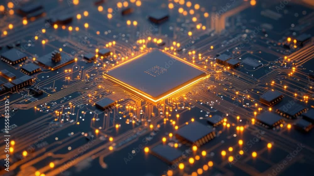 Poster A close-up shot of a circuit board with many lights, suitable for tech-related concepts and illustrations