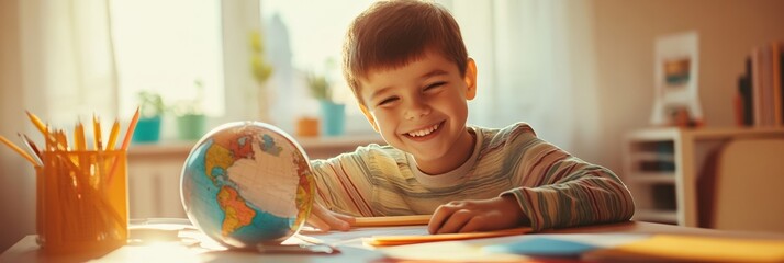 Happy child engaging with a globe and colorful pencils, immersing in geography lessons while enjoying the cheerful back to school vibe in a sunlit classroom