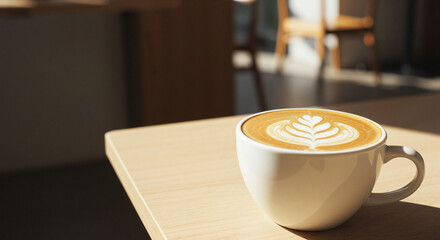 Latte art coffee cup on wooden table with bright sunlight and cozy cafe atmosphere