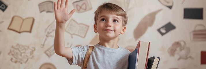 Smiling elementary school student waving hand while carrying books and wearing backpack, ready for the new academic year, against a decorated wall