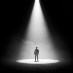 A Lone Figure Standing in Spotlight Against Dark Background