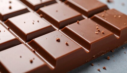 Fototapeta premium Close up of chocolate bar with tiny crumbs and smooth texture in macro view