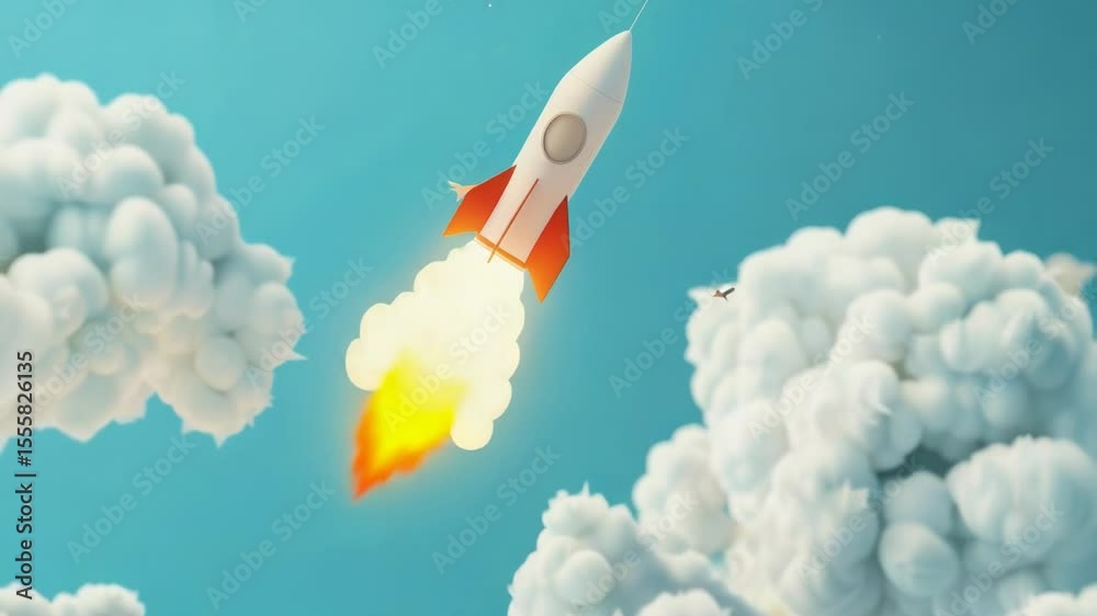 Poster a rocket soaring through the clouds, an image of adventure and exploration