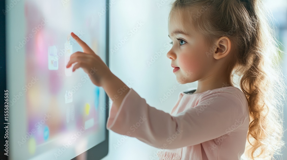 Poster little girl interacting with educational software on a modern touchscreen display, exploring digital