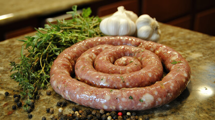 Raw pork sausages twisted into links on a farm kitchen counter, surrounded by coarse-ground pepper, herbs, and garlic bulbs 